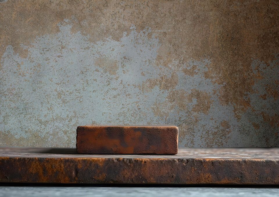 Un blocco arrugginito su uno scaffale di legno consumato dal tempo, contro una parete grigio-marrone screziata.