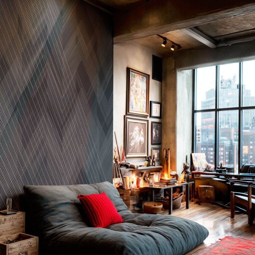 Accogliente camera da letto in stile loft con pareti scure, cuscino rosso, scrivania accanto a grandi finestre e vista sullo skyline della città.