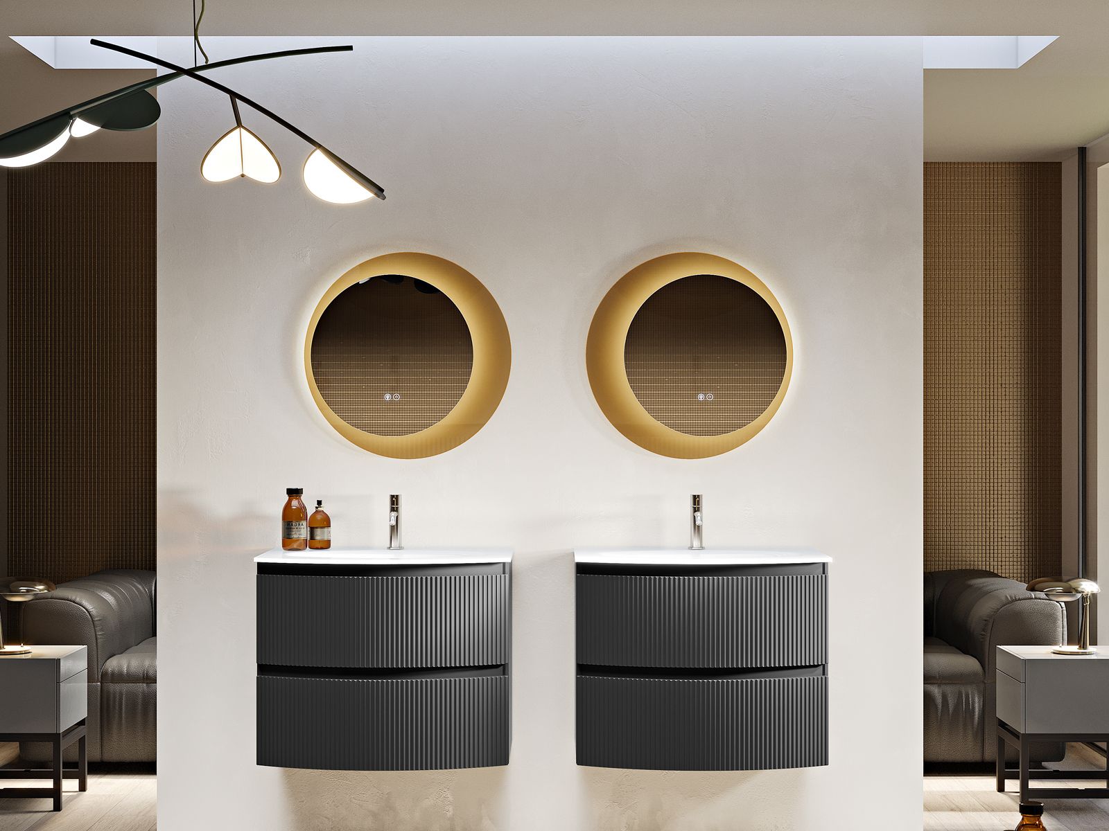 Bagno moderno con due lavabi neri, specchi rotondi e pareti bianche.
