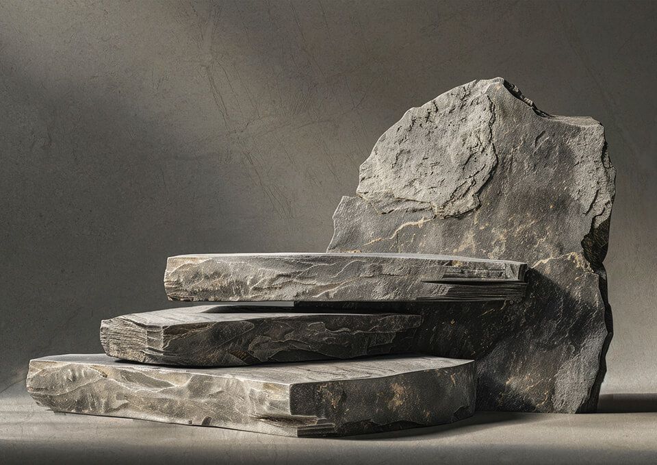 Lastre di pietra impilate accanto a un masso grezzo su uno sfondo grigio
