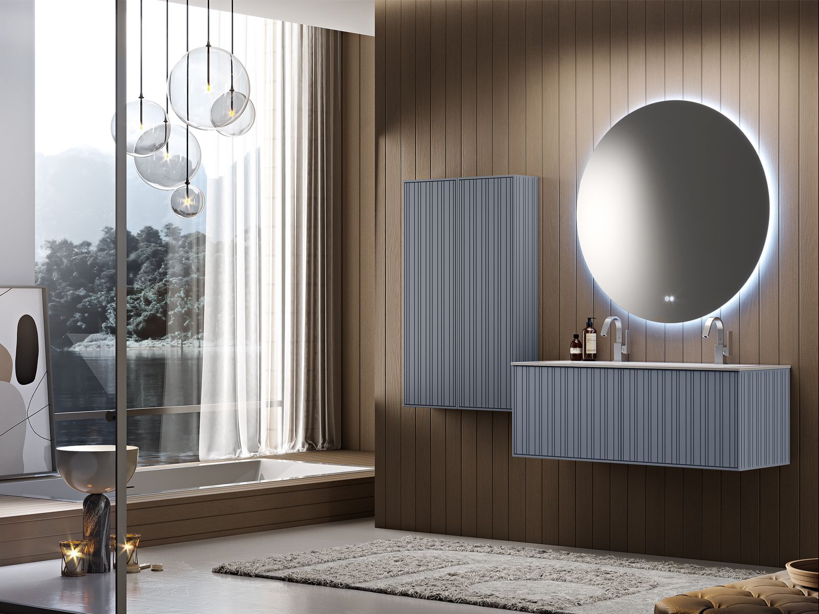 Bagno moderno con mobile lavabo sospeso, specchio rotondo illuminato, mobiletto a righe e finestra a tutta altezza con tende.