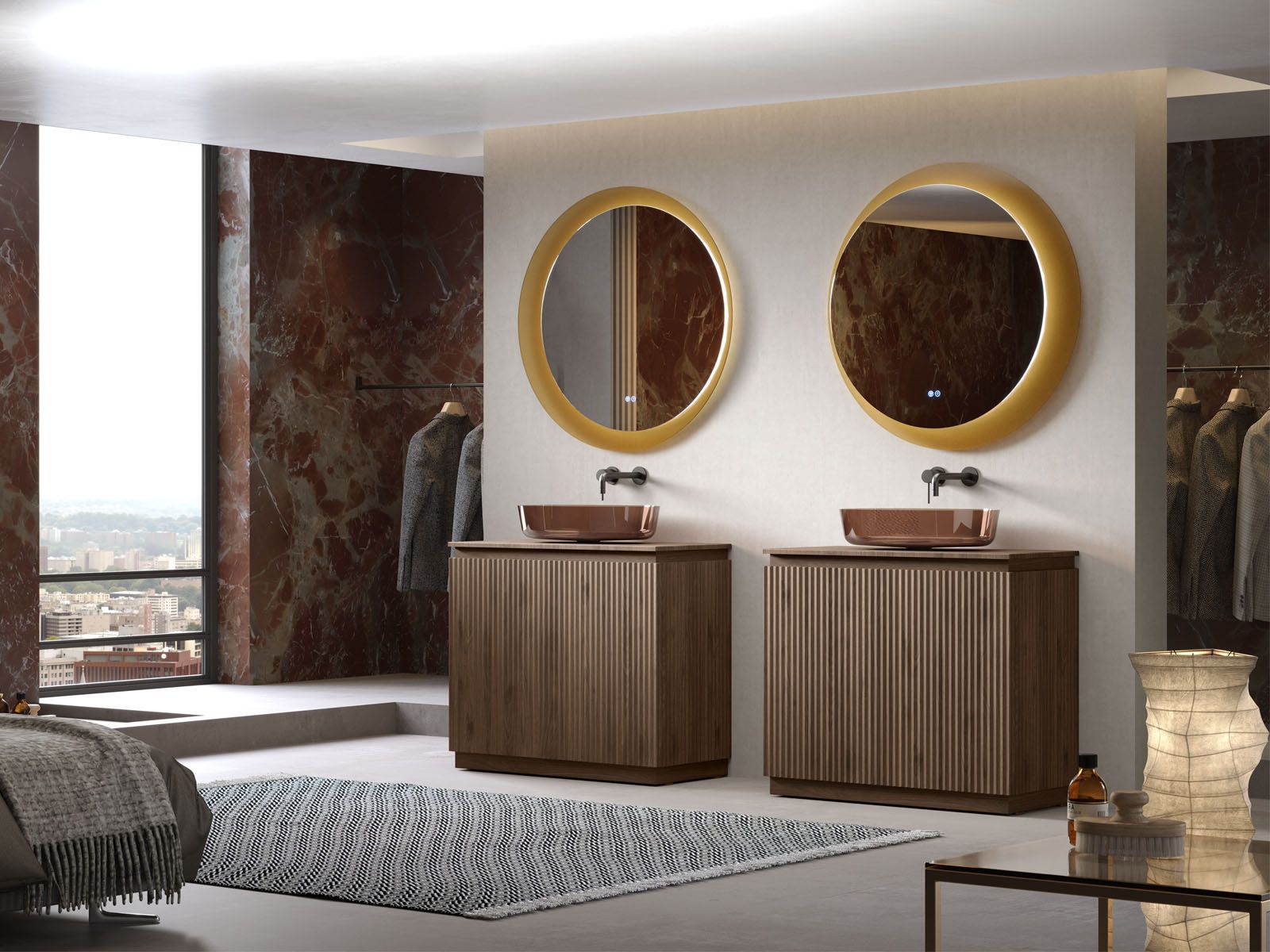 Bagno moderno con due specchi rotondi, doppio lavabo, pannelli in legno scuro e vista sulla città.