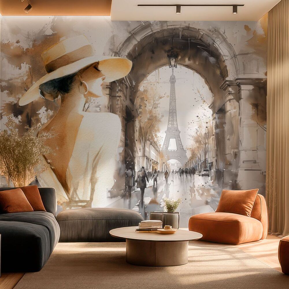Elegante soggiorno con murale della Torre Eiffel, divano curvo, poltrona arancione e tavolino rotondo.