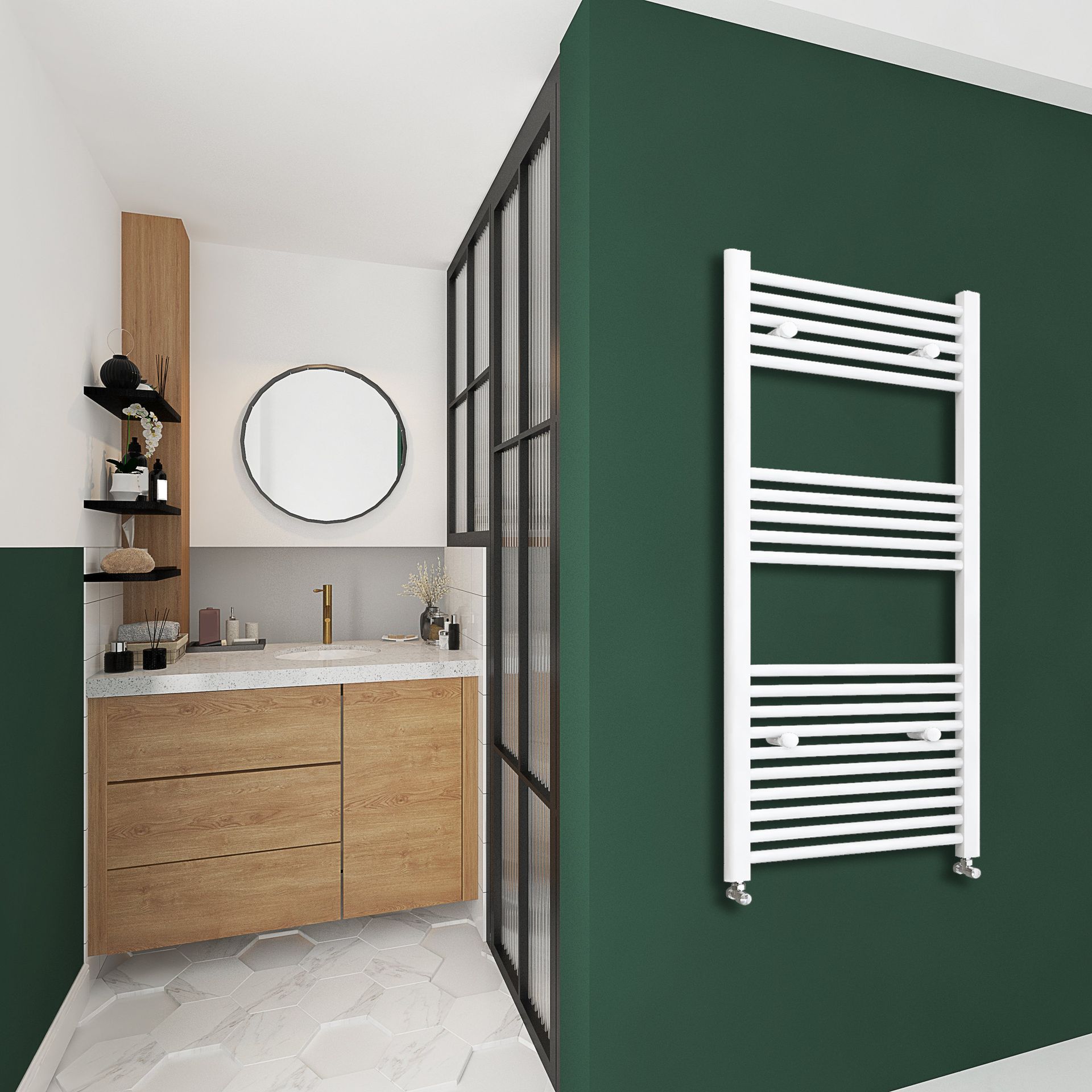 Bagno moderno con mobiletto in legno, specchio rotondo, parete doccia in vetro e termoarredo bianco su parete verde.