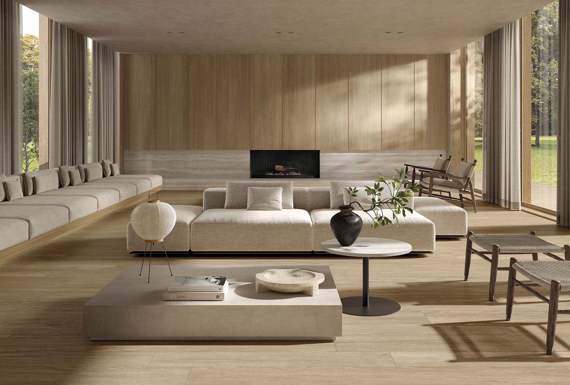 Soggiorno moderno e minimalista con mobili beige, pareti in legno e finestre a tutta altezza.