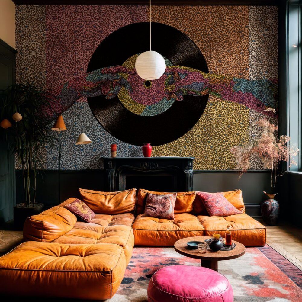 Soggiorno moderno e colorato con divano angolare arancione, pouf rosa e audace quadro circolare da appendere alla parete.