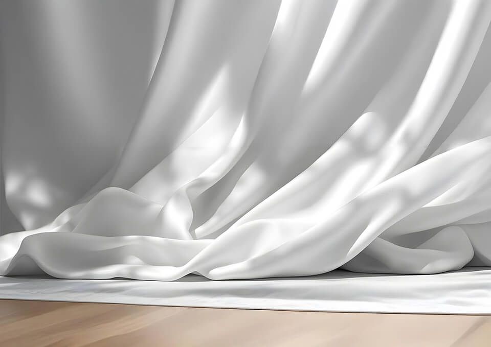 Un drappeggio di tessuto bianco si adagiava su un pavimento di legno chiaro, creando morbide pieghe e ombre.