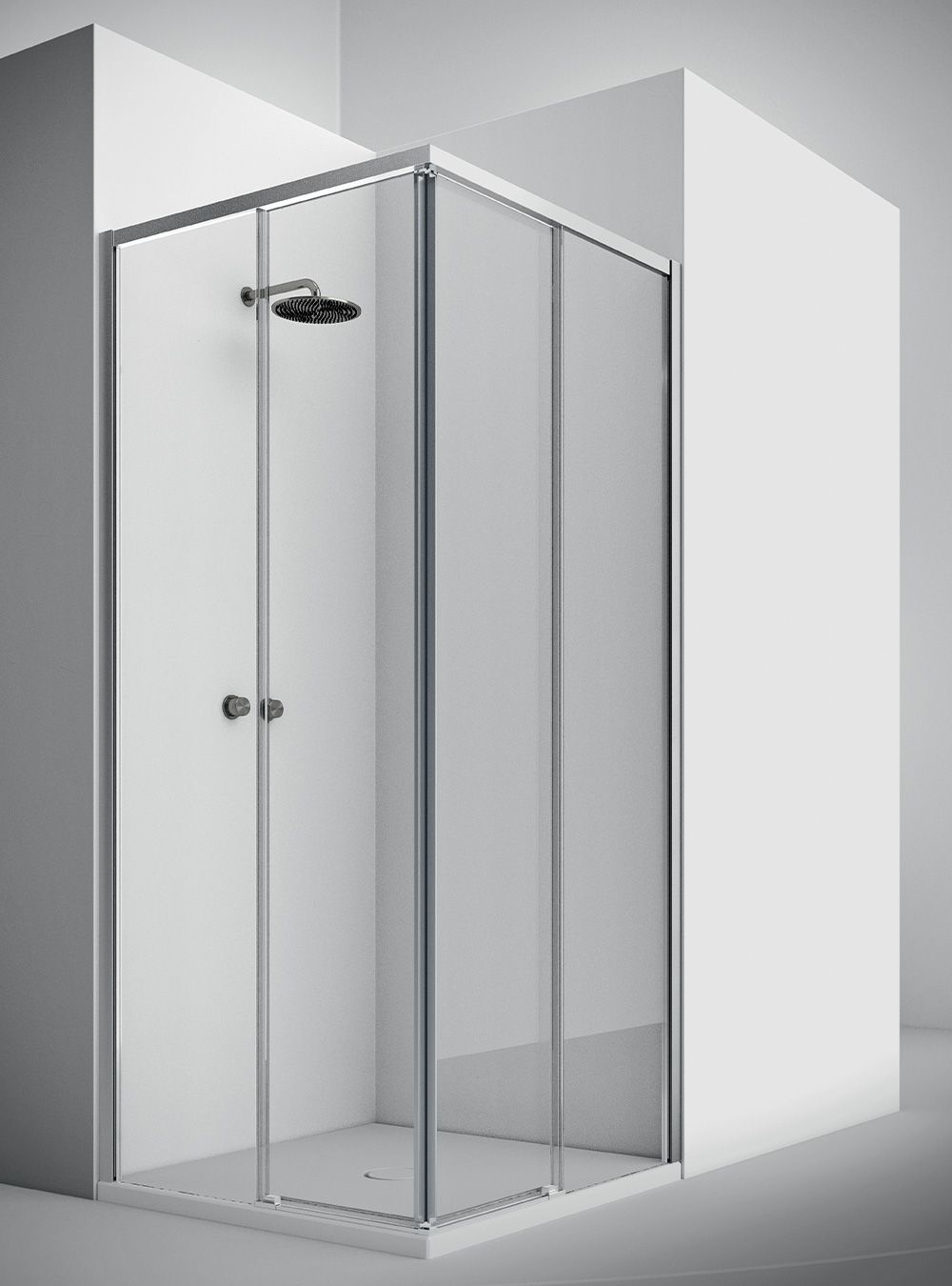 Box doccia angolare in vetro con telaio in metallo e porte scorrevoli in un bagno moderno.