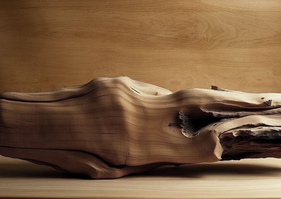 Scultura in legno di recupero su una superficie di legno chiaro, su uno sfondo di legno caldo.