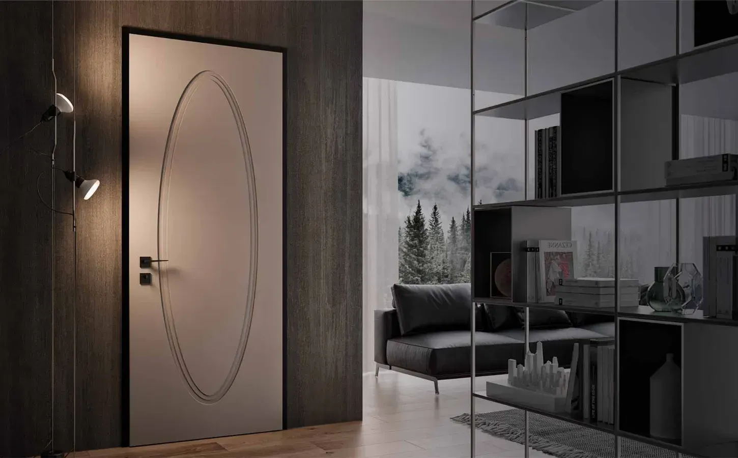 Ufficio moderno e minimalista con porta in vetro satinato, scrivania nera e ampia finestra con vista su alberi innevati.