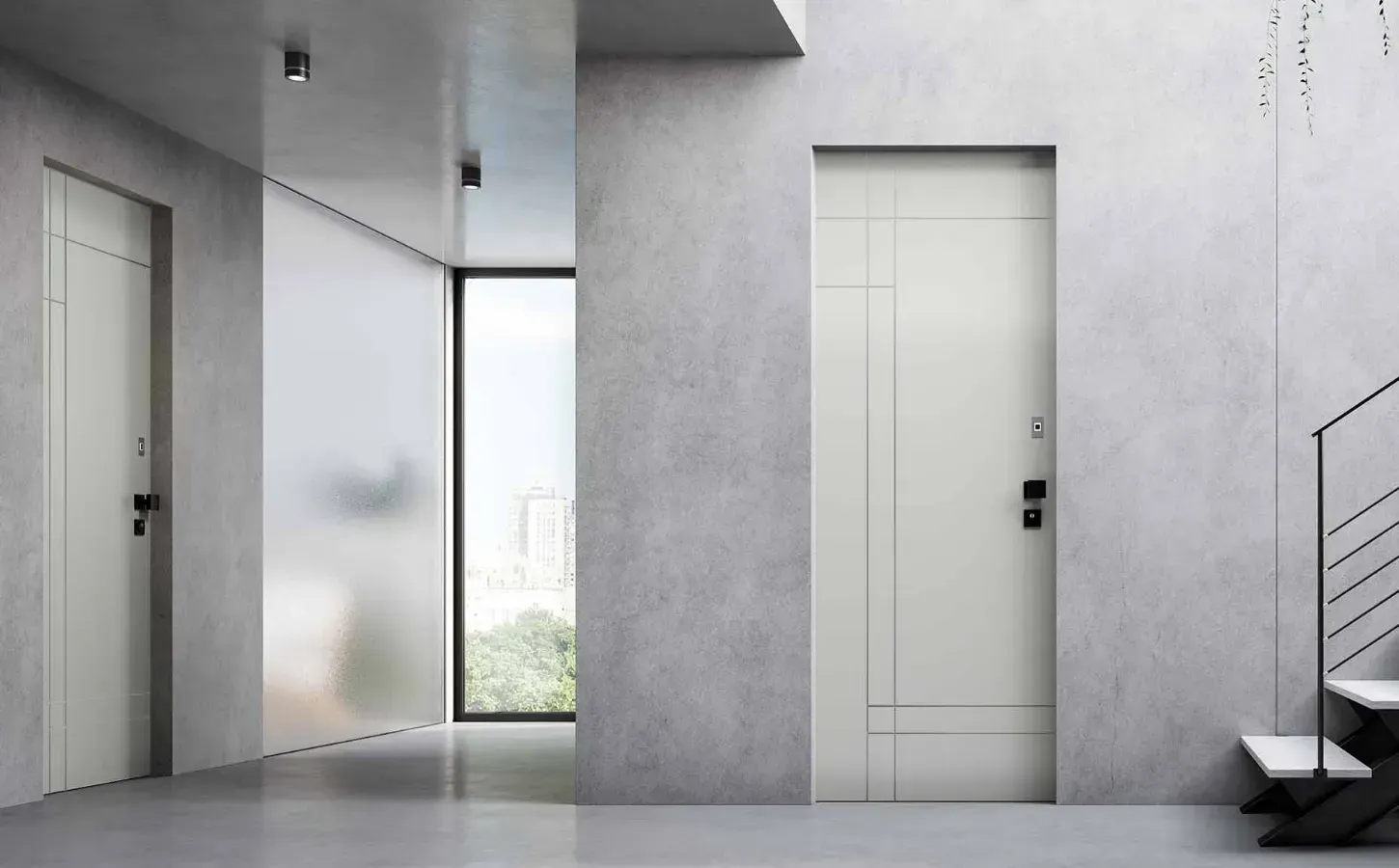Corridoio interno minimalista di colore grigio con due porte, finestra a tutta altezza e ringhiera delle scale sulla destra.