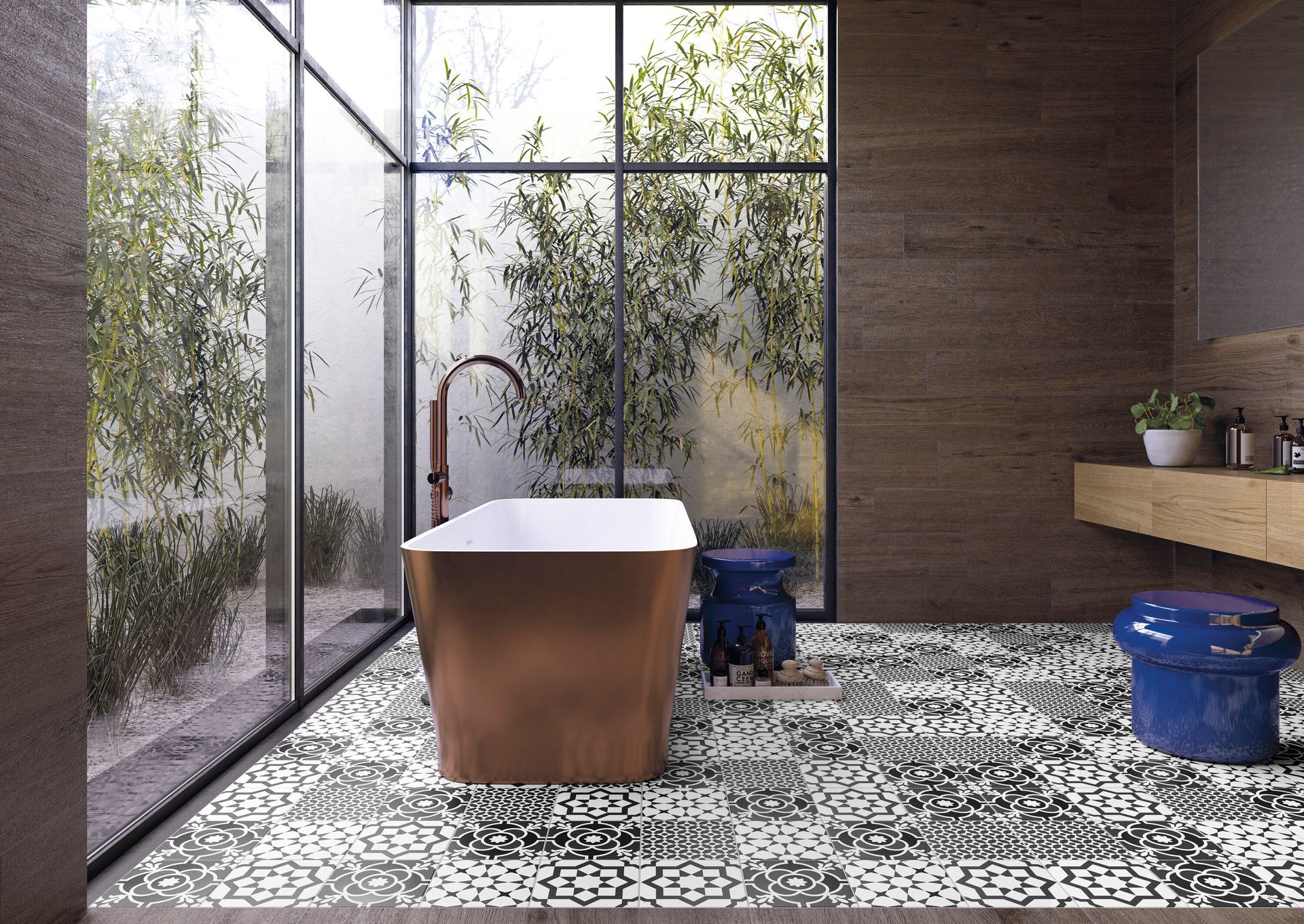 Bagno moderno con vasca freestanding, vetrate a tutta altezza, piastrelle decorate e sgabelli blu.