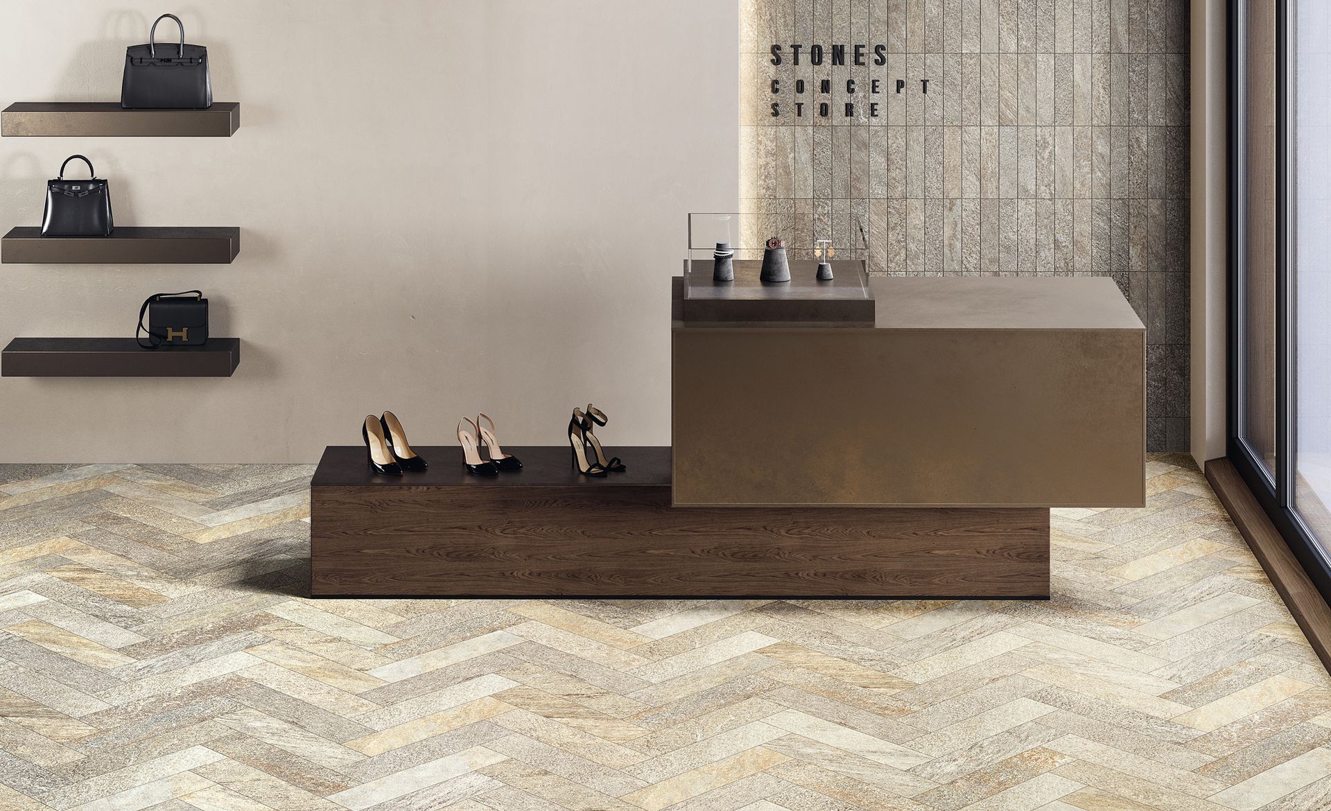Showroom moderno e minimalista con tavoli espositivi in ​​legno, piccoli oggetti e pannelli a parete decorati.