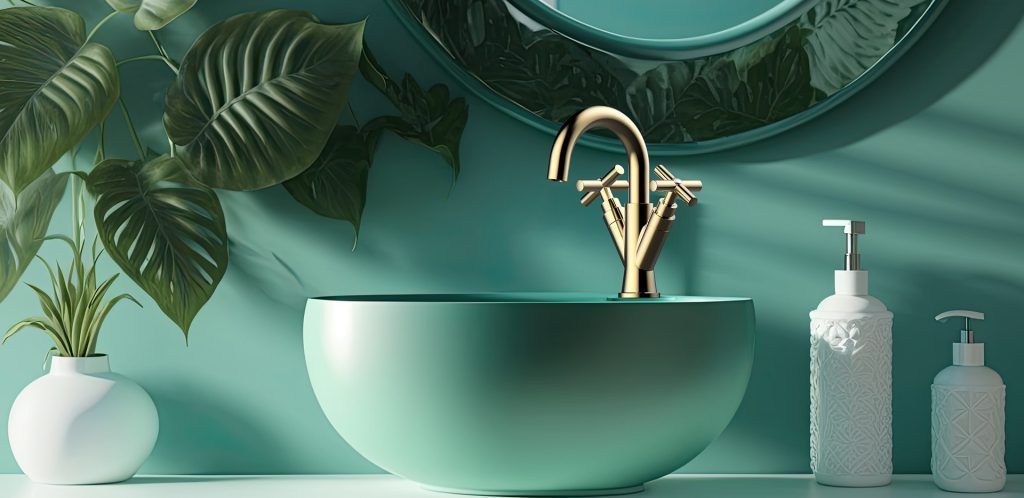 Mobile da bagno color verde acqua con specchio rotondo, lavabo color menta, rubinetto dorato e flaconi decorativi bianchi.