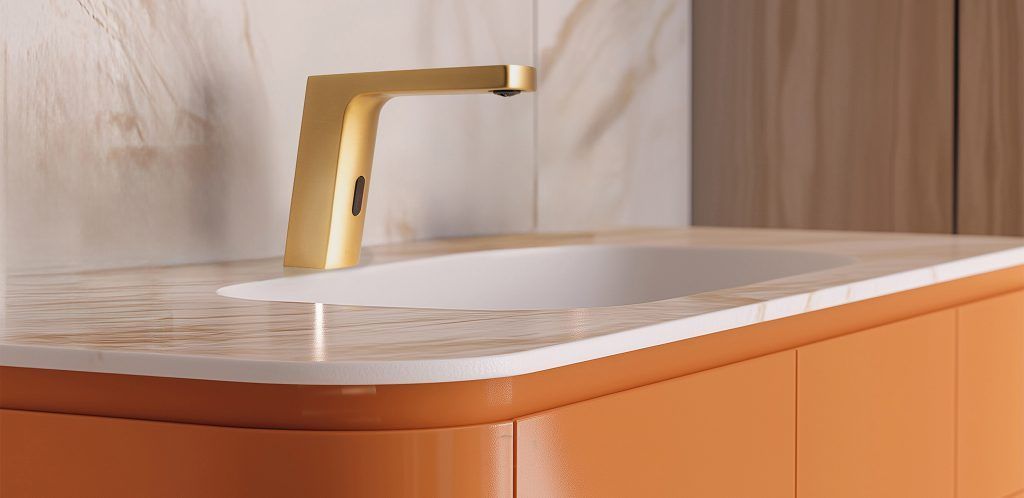 Rubinetto dorato sopra un lavabo bianco su un mobile da bagno arancione con parete in marmo e pannello decorativo in legno.