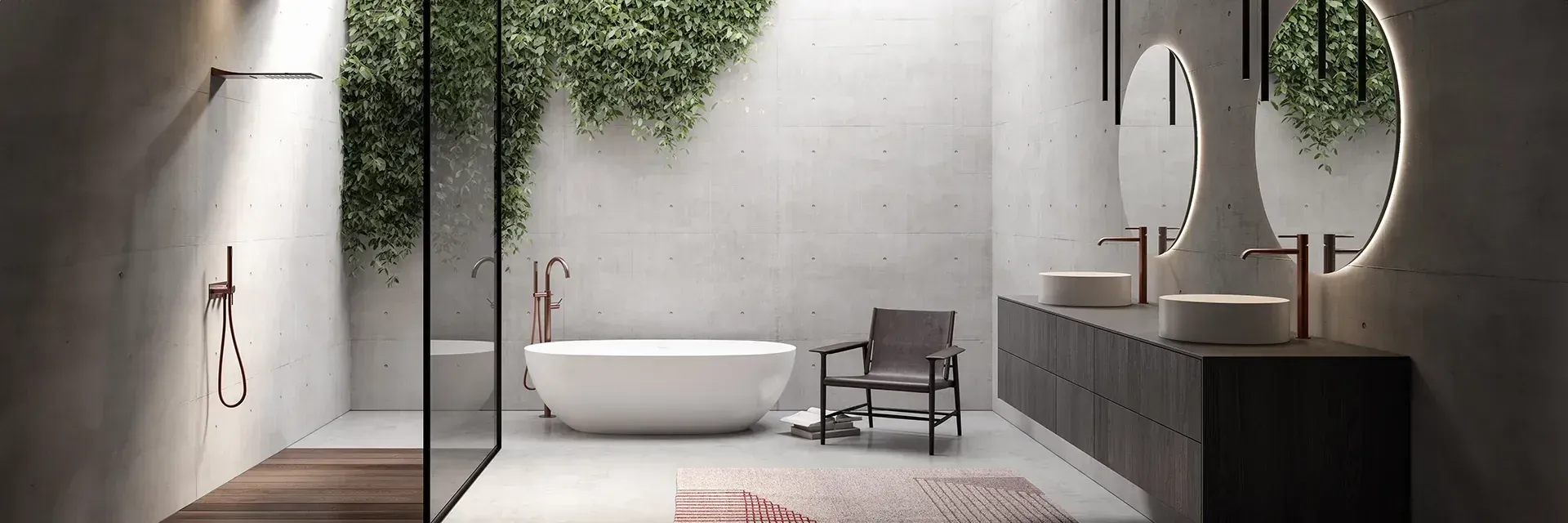 Bagno moderno con vasca freestanding, cabina doccia, mobile lavabo e piante sospese.