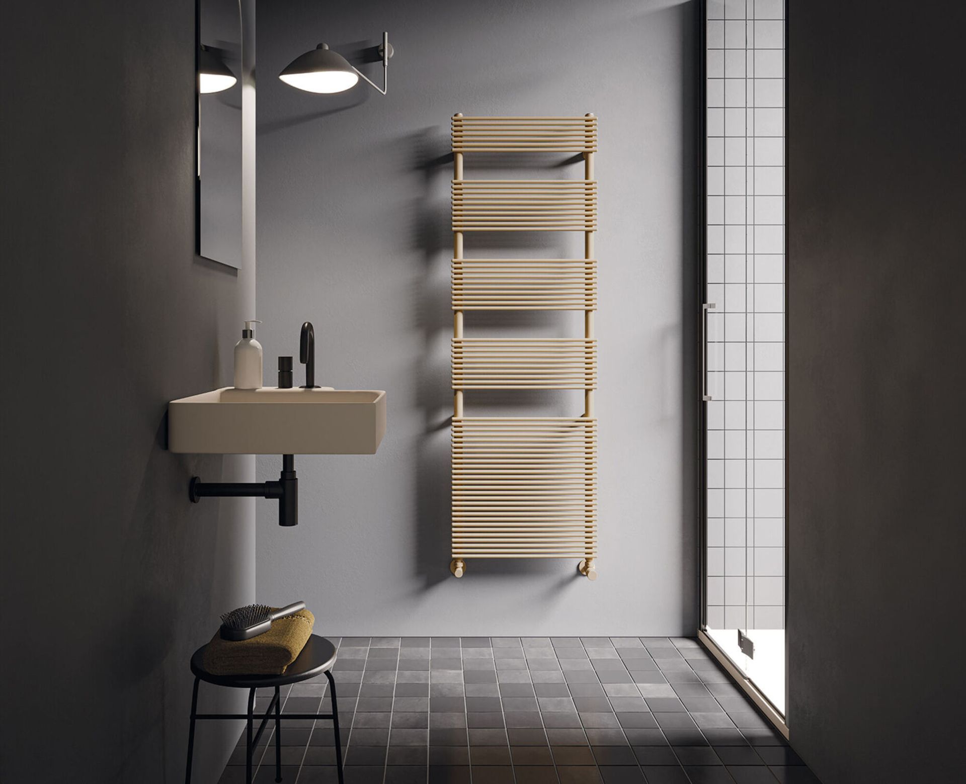 Bagno moderno con lavabo sospeso, pareti scure, pavimento piastrellato e scaldasalviette in legno accanto alla doccia.