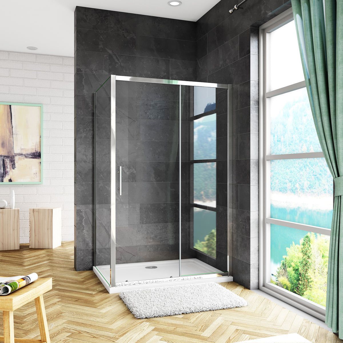 Bagno moderno con box doccia in vetro, parete rivestita di piastrelle nere e ampie finestre con vista sul verde.