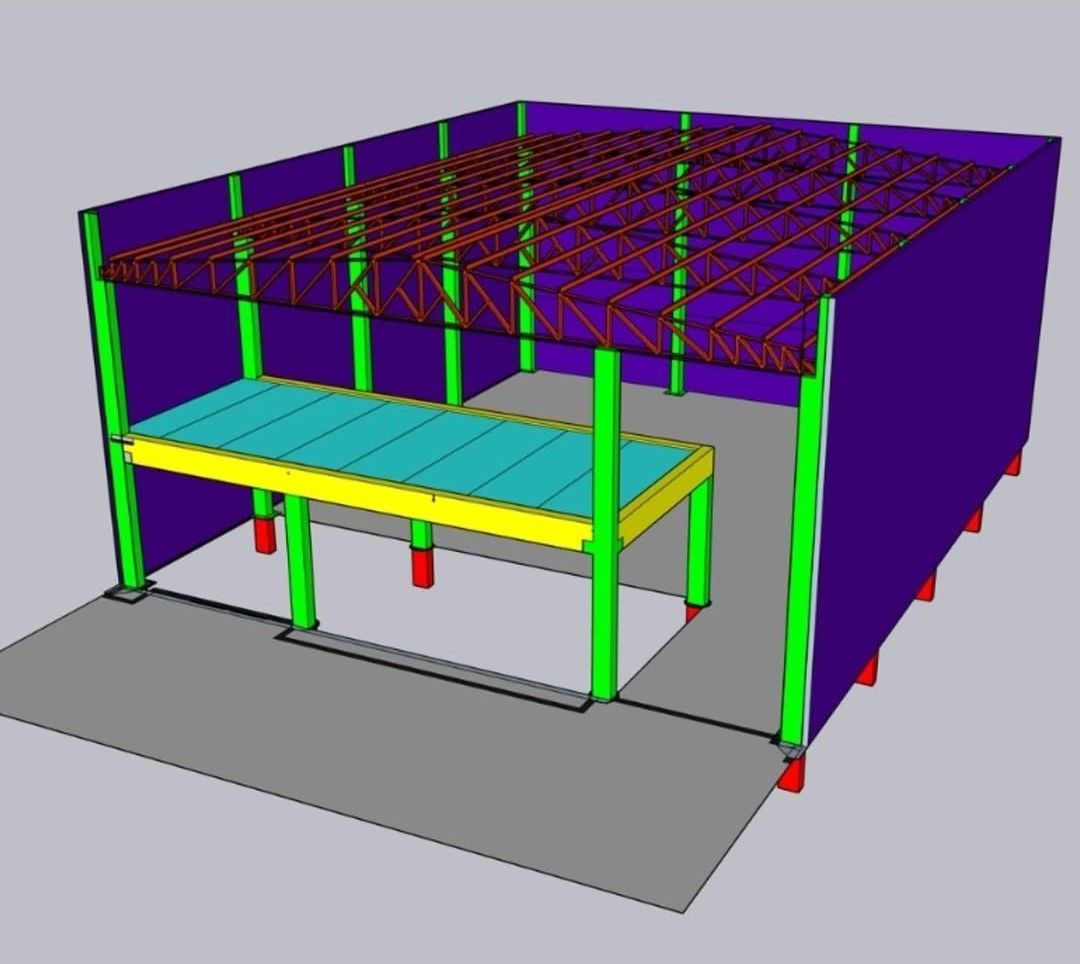 Modelo CAD 3D de uma estrutura de aço com mezanino interno elevado e paredes externas.