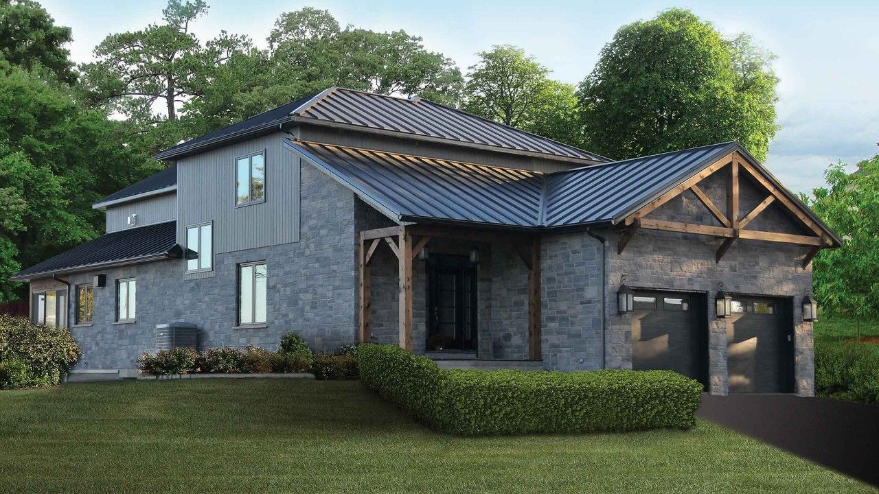 Une impression d'artiste d'une maison au toit bleu