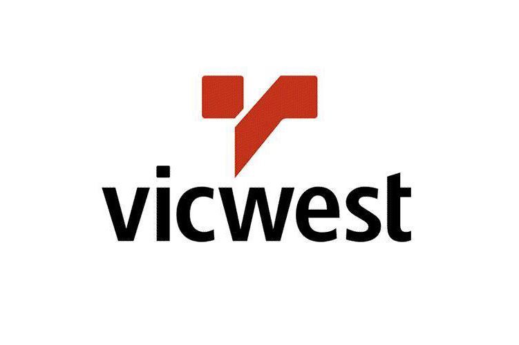 Le logo de vicwest est rouge et noir et ressemble à une bulle.