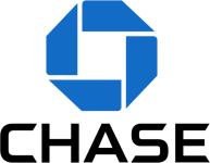Chase bank logo, a blue octagon with a white square in the center, and the word 