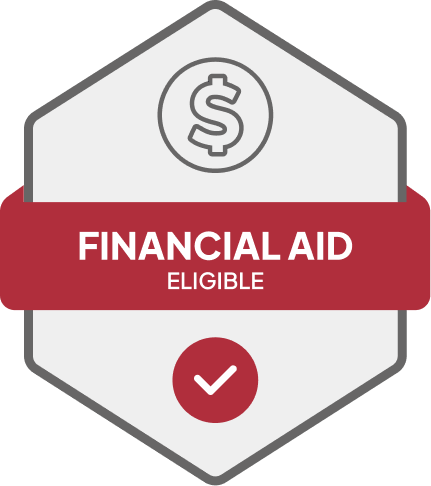 Badge: Financial Aid Eligible, blue banner, building icon, dollar sign.