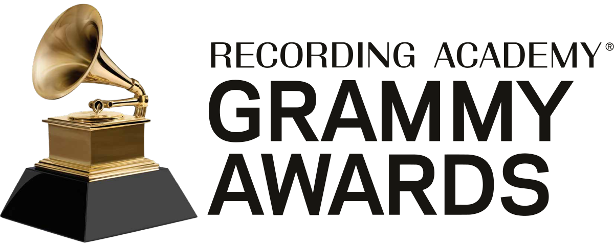 Grammy Awards logo: Golden gramophone trophy atop a black pedestal with 