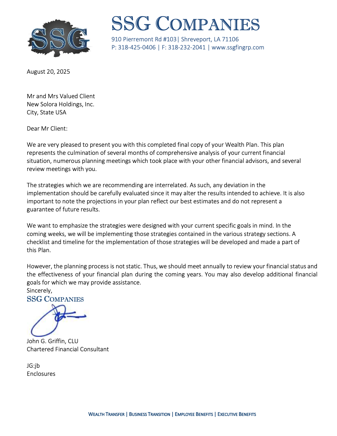Letterhead from SSG Companies, with a signature from Mark S. Cortazzo, CFO, concerning an investment matter.