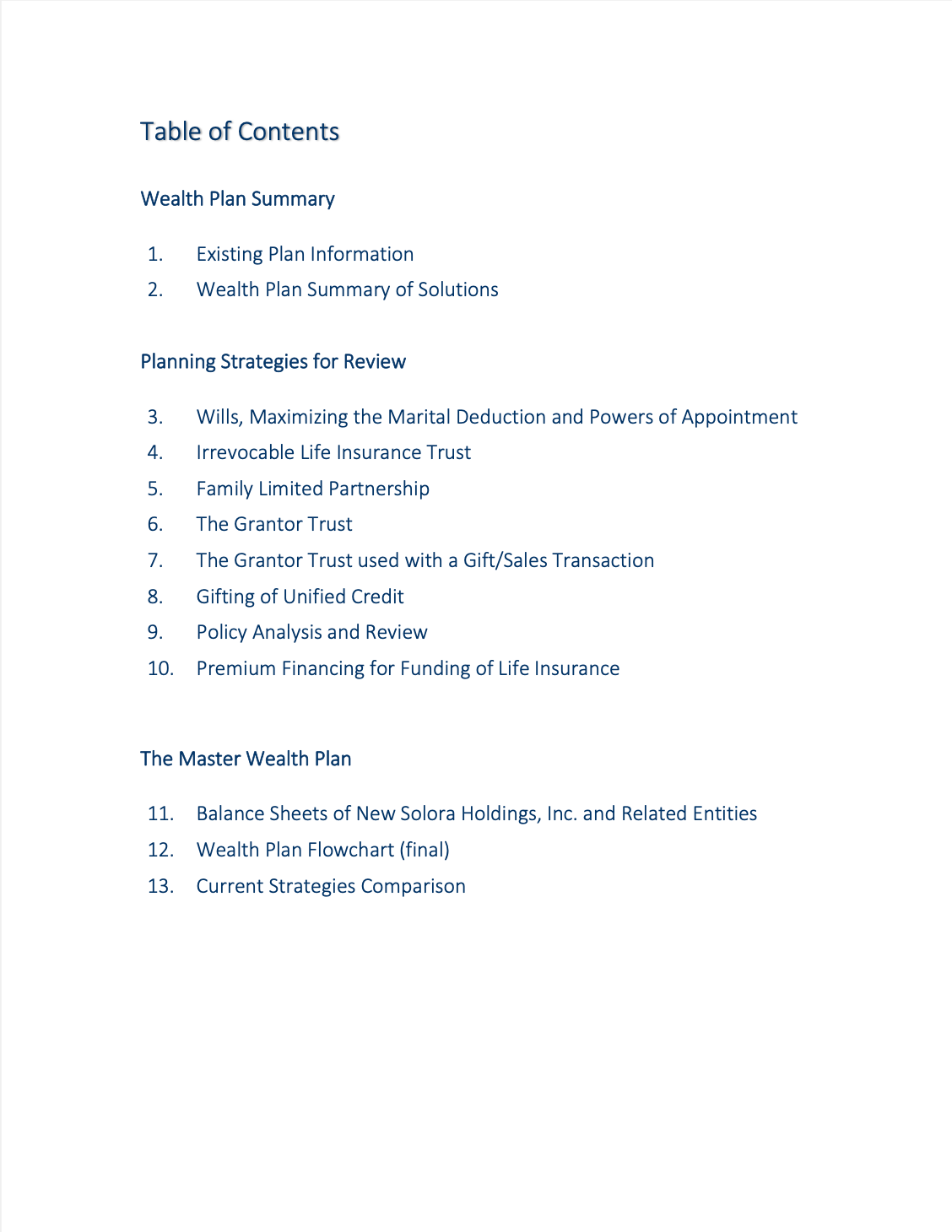 Table of contents: wealth plan summary, planning strategies, and the master financial plan.