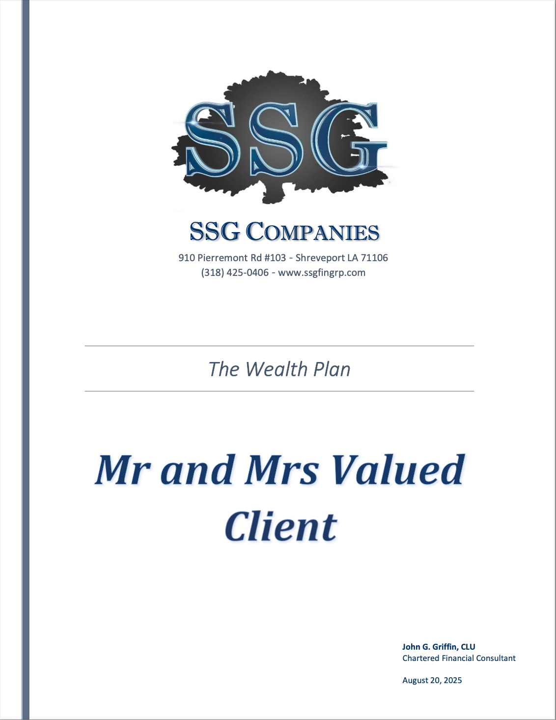 Cover of a wealth plan for Mr. and Mrs. Valued Client by SSG Companies.