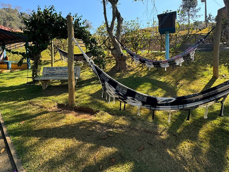 Redes penduradas entre postes de madeira em uma área gramada com um banco e árvores em um dia ensolarado.