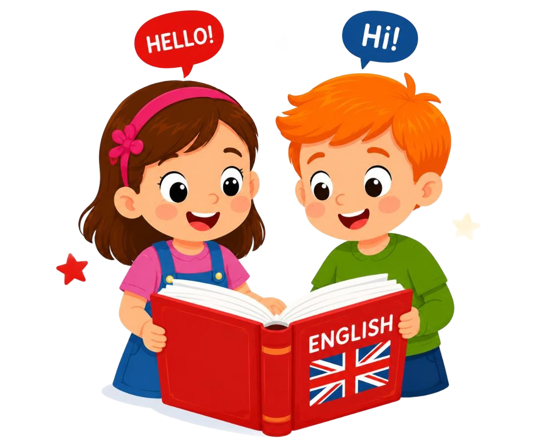 Due bambini leggono un libro in inglese, con i fumetti che mostrano le scritte 