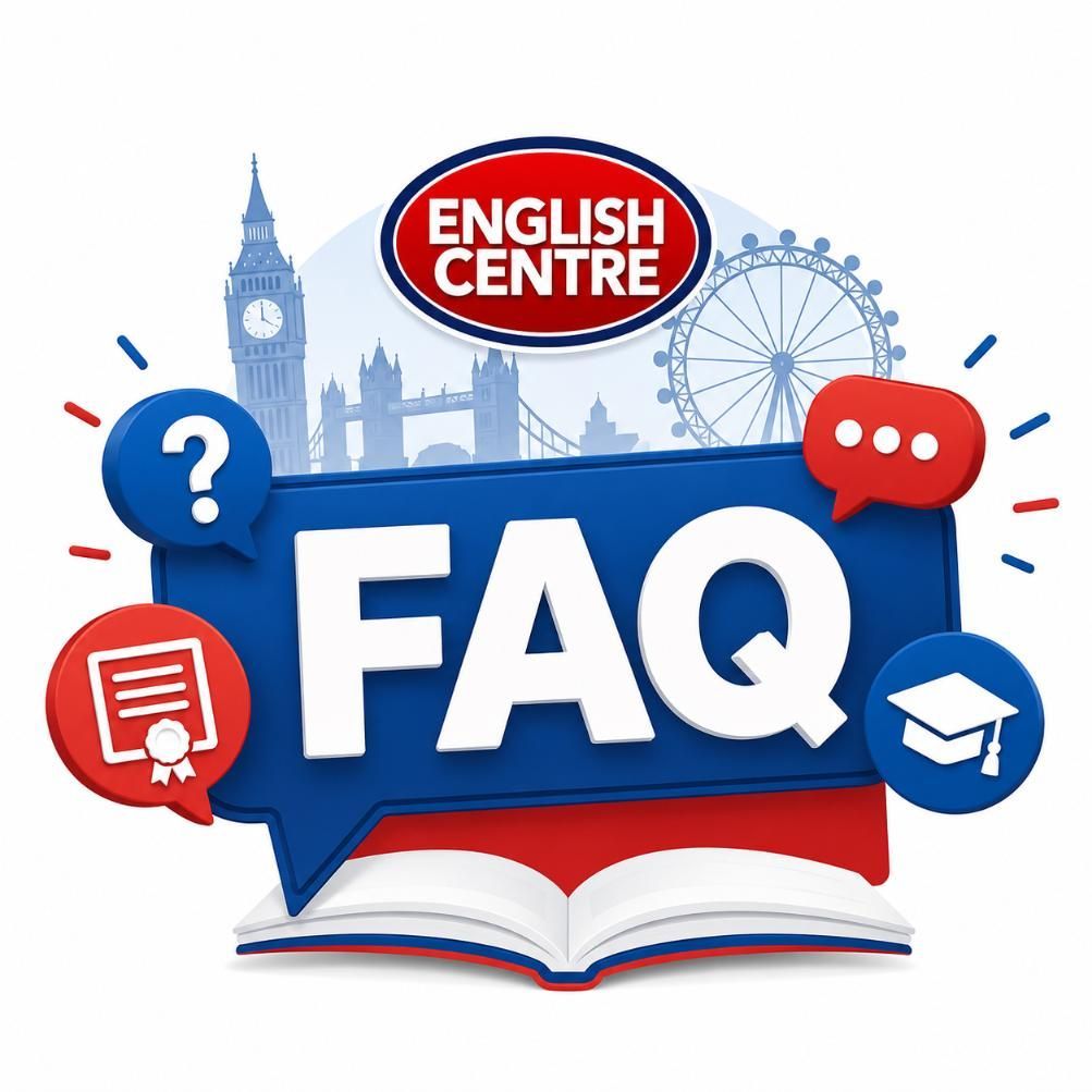 Grafico delle FAQ dell'English Centre con fumetto blu con domanda, icone rosse per la chat e libro aperto.