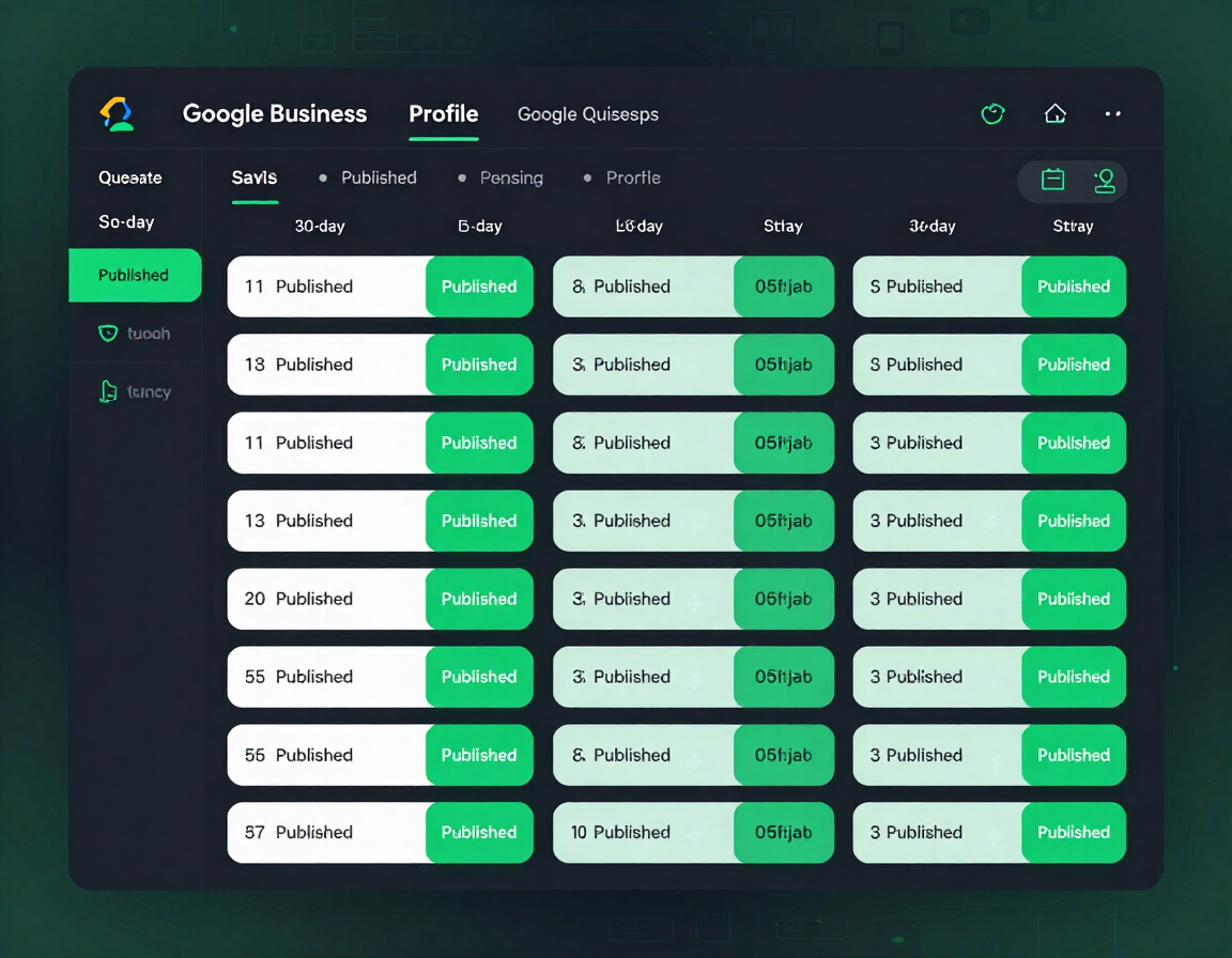 Dark-themed Google Business profile dashboard with rows of listings and green status tags.