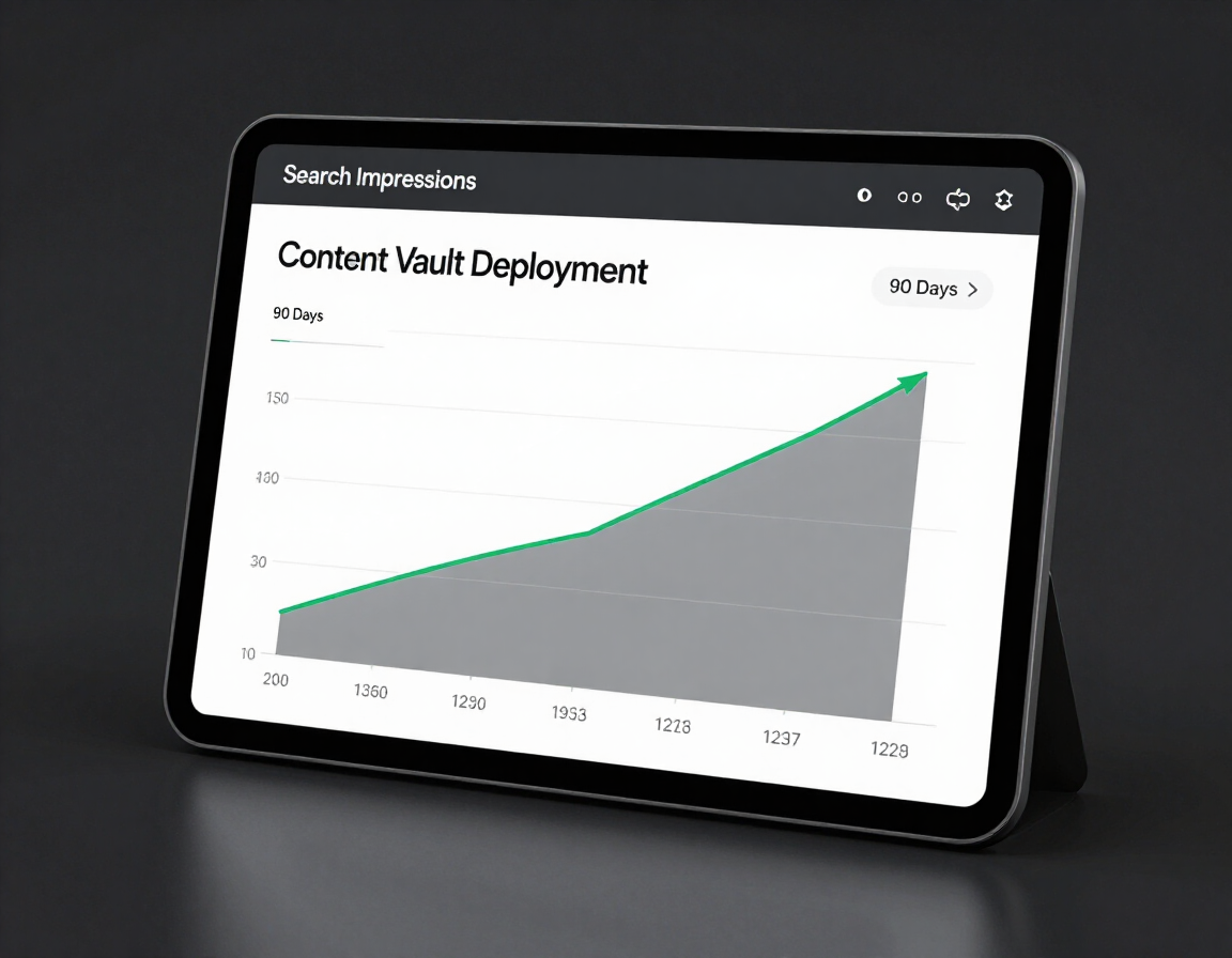 Tablet displaying a “Content Vault Deployment” analytics chart with a rising green line on a dark screen