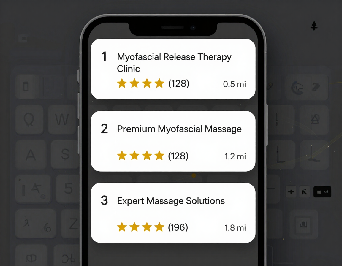 Phone screen showing a ranked list of massage therapy services with star ratings and mileage.