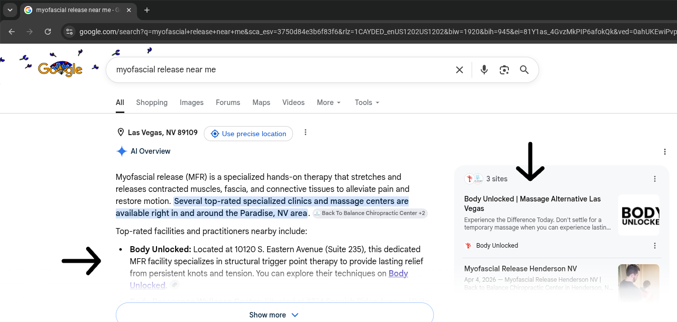Google search results page with two black arrows pointing to a highlighted result and a side info panel.