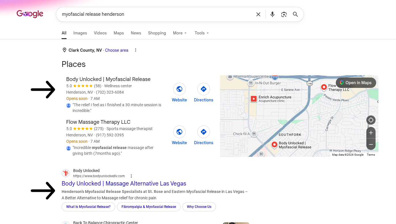 Google search results for places, with map and two black arrows pointing to results on the left.