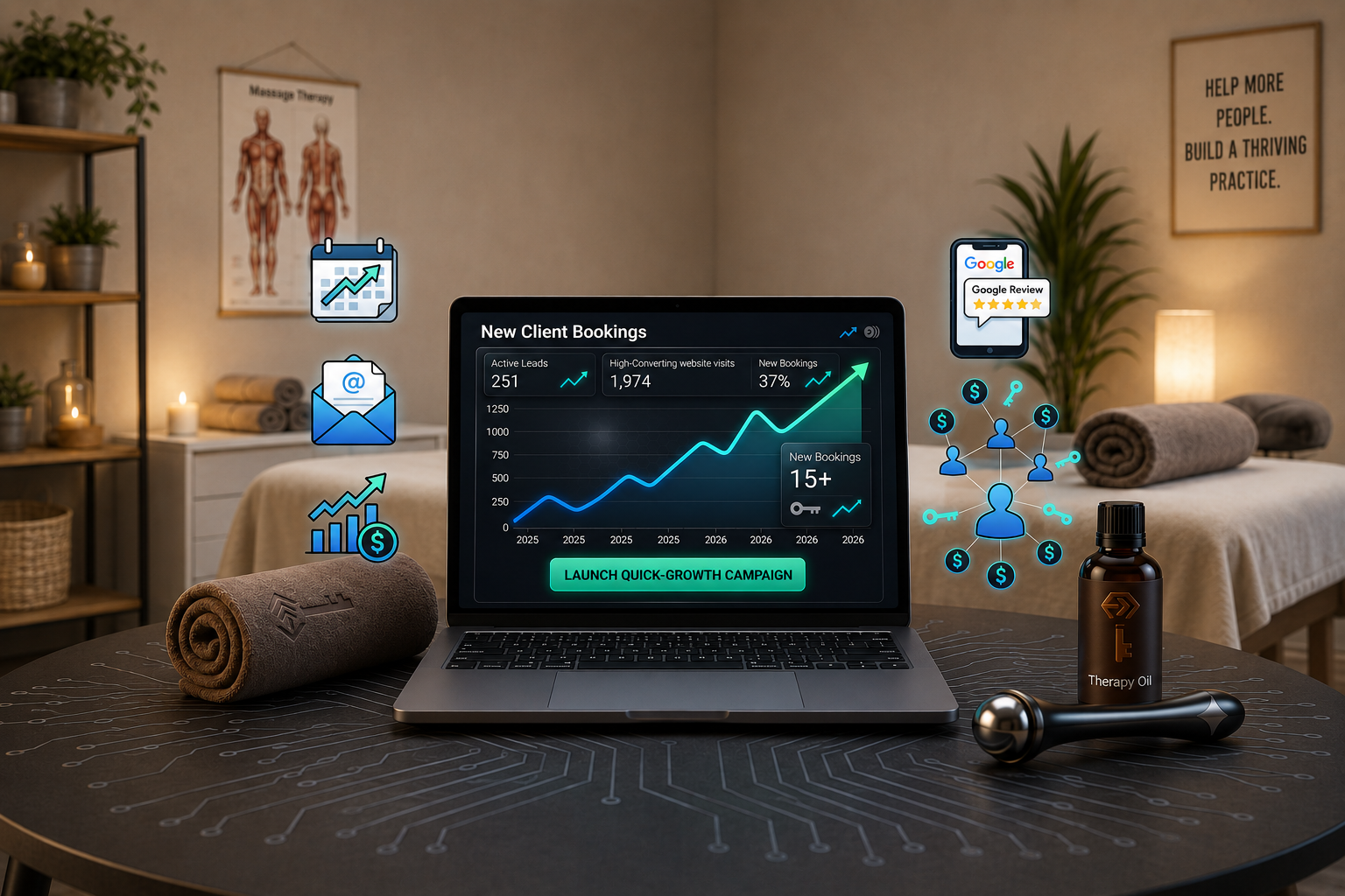 Tablet displaying rising health analytics on a desk with a water bottle, flashlight, and yoga mat in a home setting