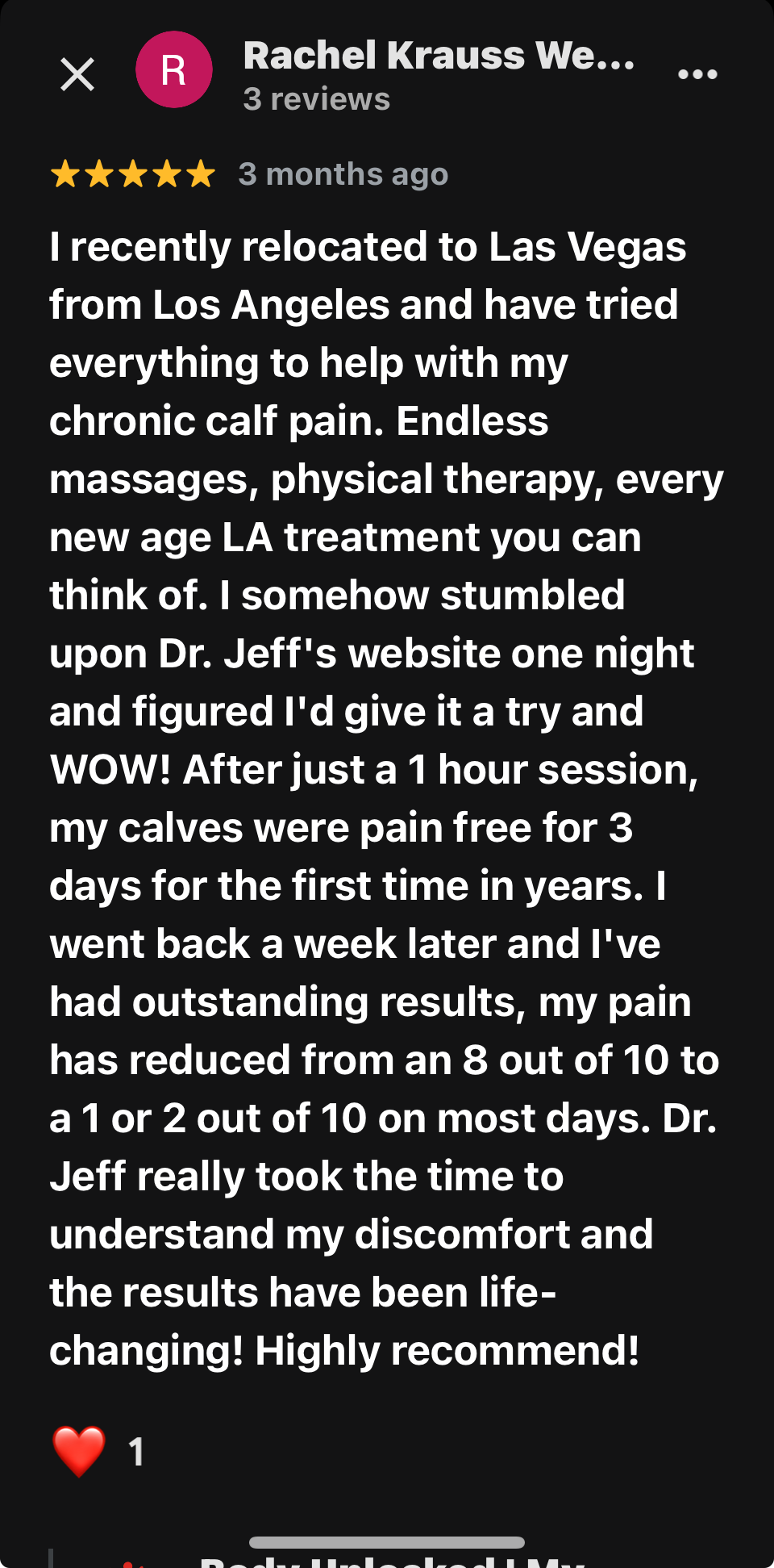 Screenshot of a glowing social media review praising Dr. Jeff’s arthritis treatment and relief after one session