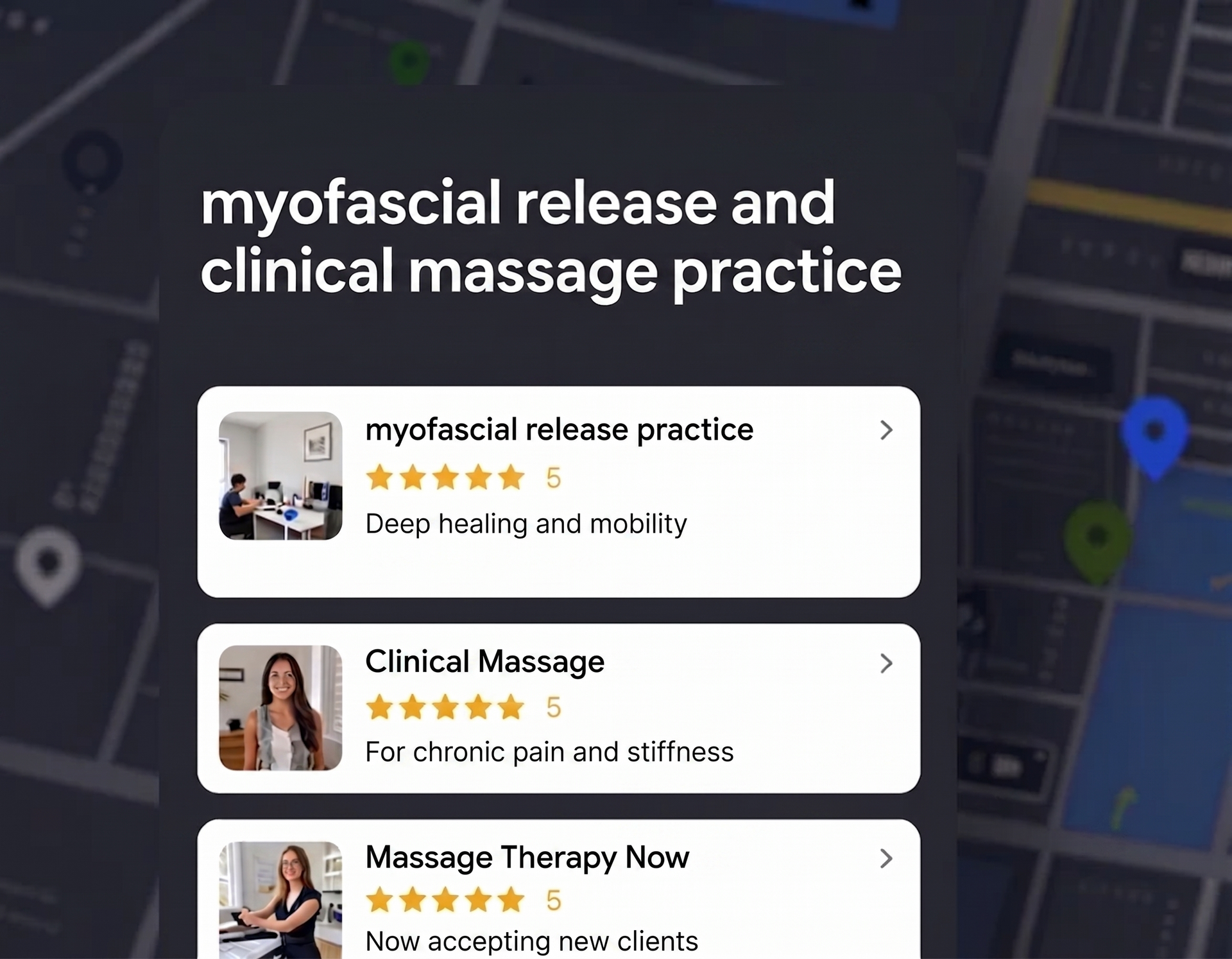 Search results for myofascial release and clinical massage practice, with clinic listings and star ratings.