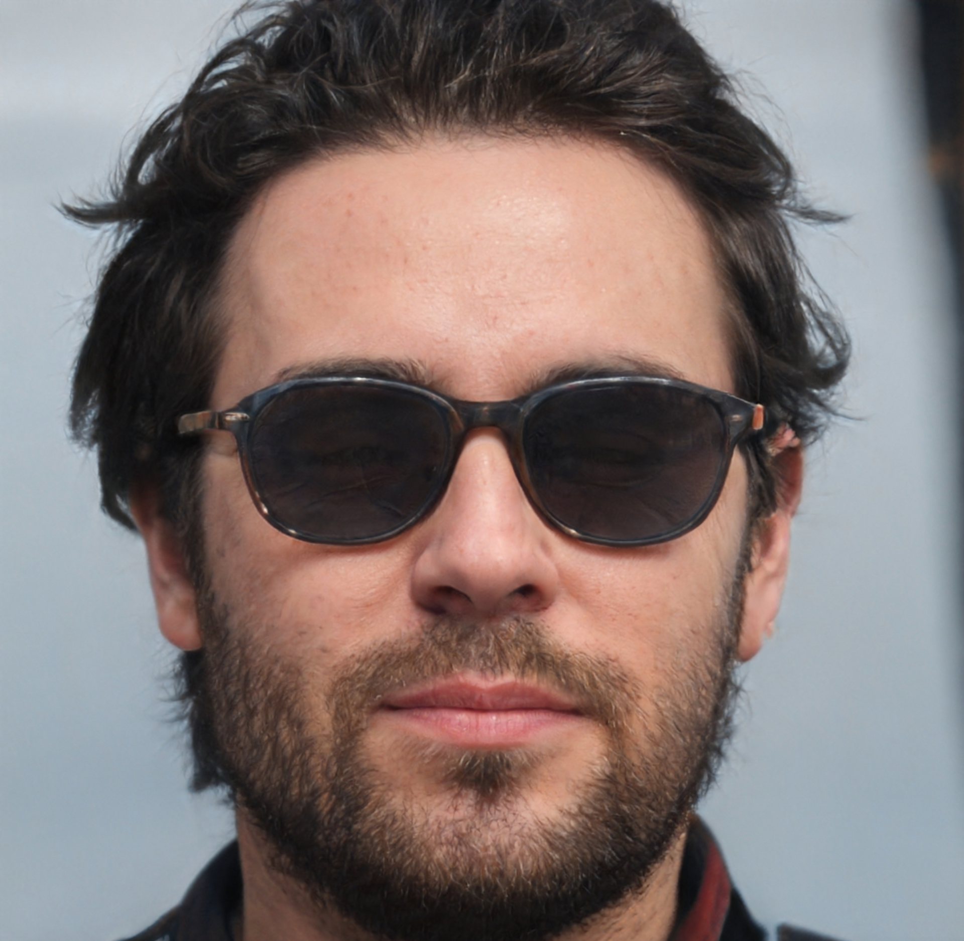 A man with a beard wearing sunglasses looks at the camera