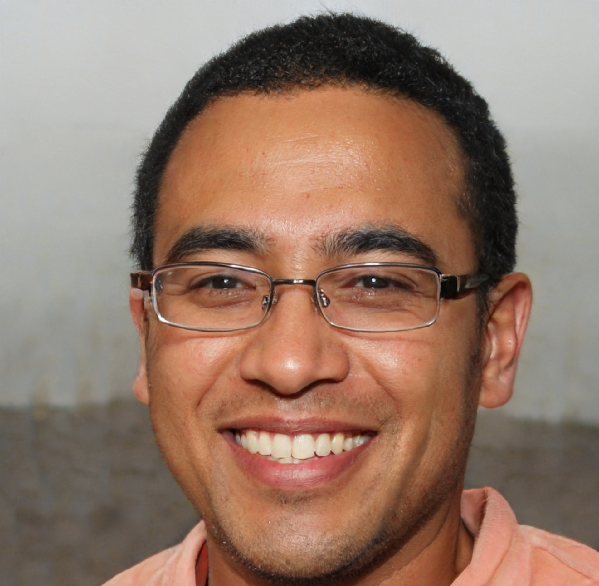 A man wearing glasses and a pink shirt smiles for the camera