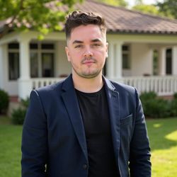 A man in a suit and black shirt is standing in front of a house.