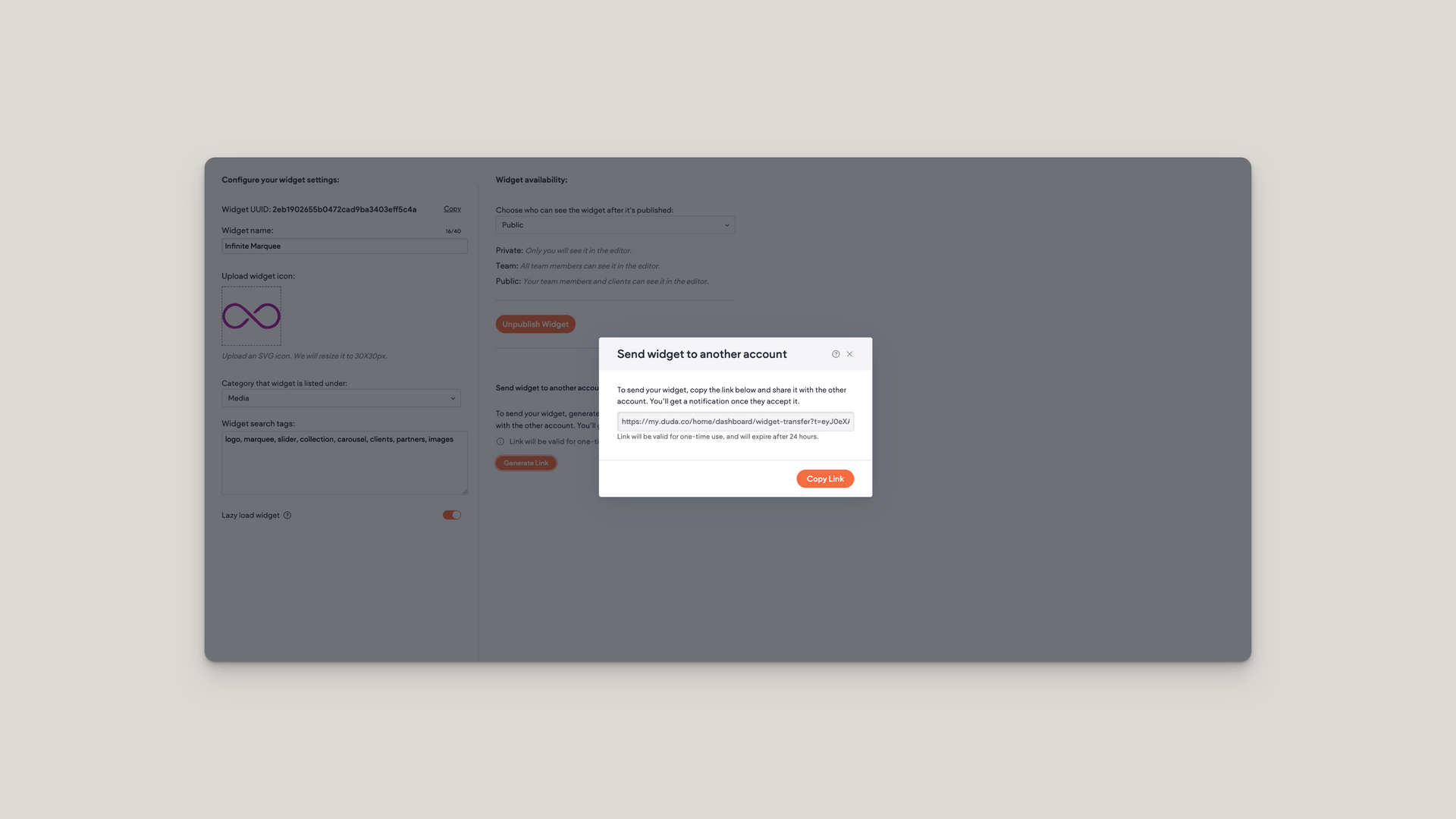 Duda widget link setup interface