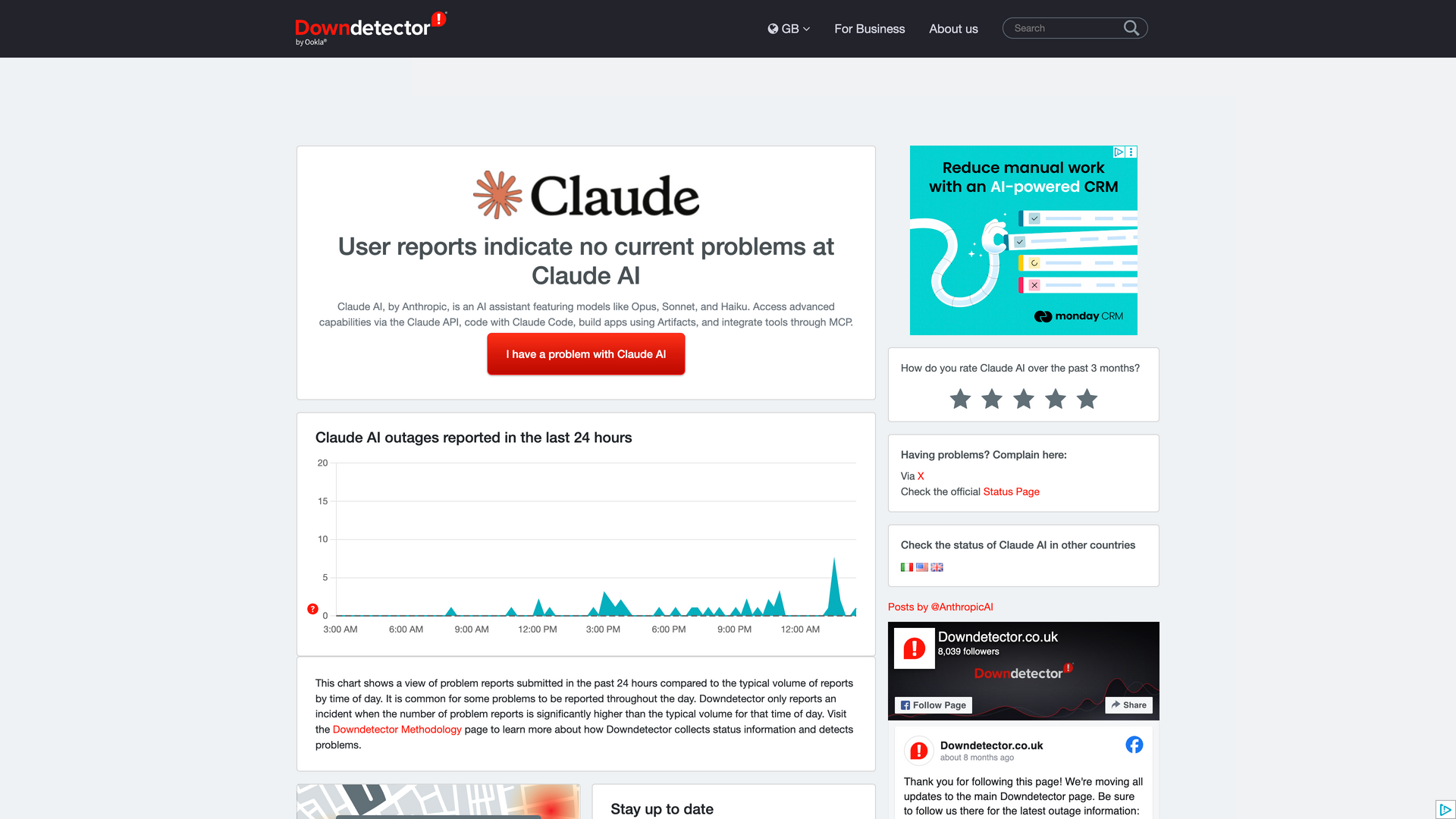 A screenshot of DownDetector Claude page.