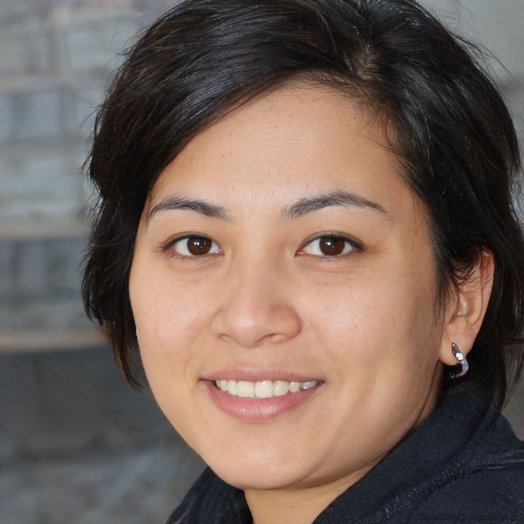 A close up of a woman 's face with a smile on her face