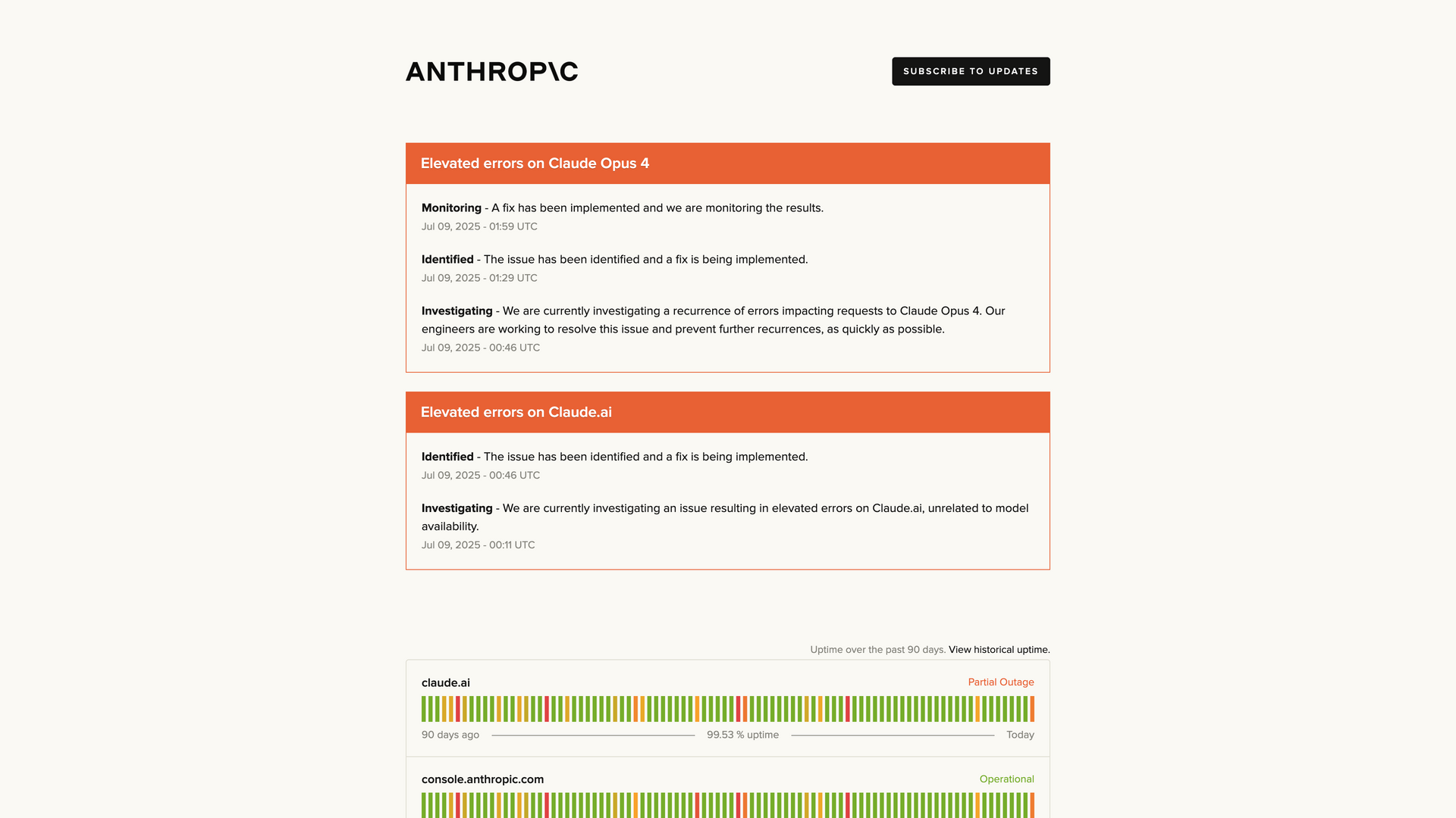 A screenshot of an anthropic status page.