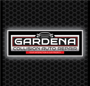 Gardena Collision Auto Repair logo: text within a lit rectangle with a car silhouette; on a textured background.